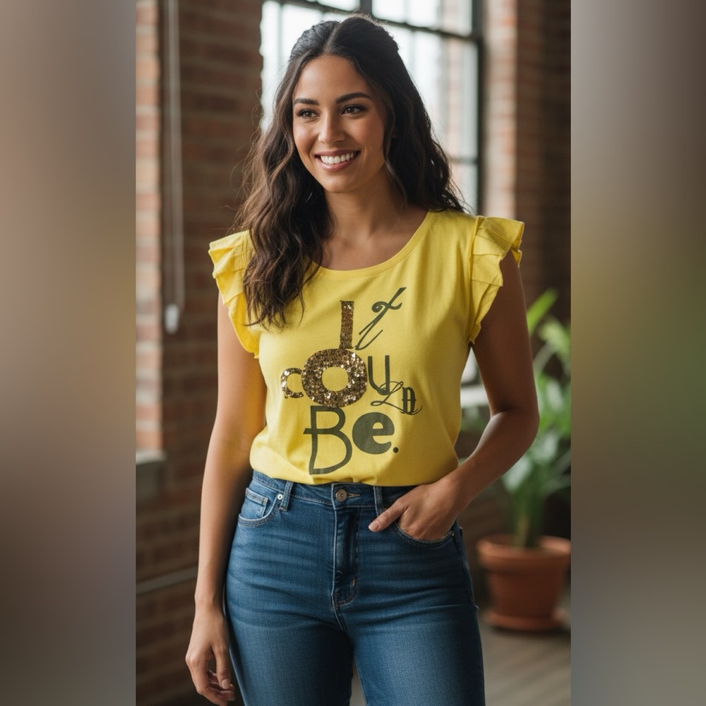 Zara Bright Yellow Graphic Tee with Ruffled Sleeves